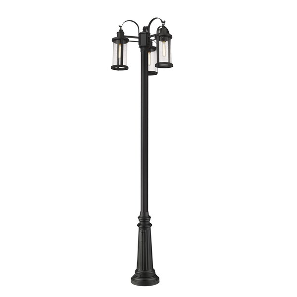 Roundhouse 3 Light Outdoor Post Mounted Fixture, Black And Clear Seedy